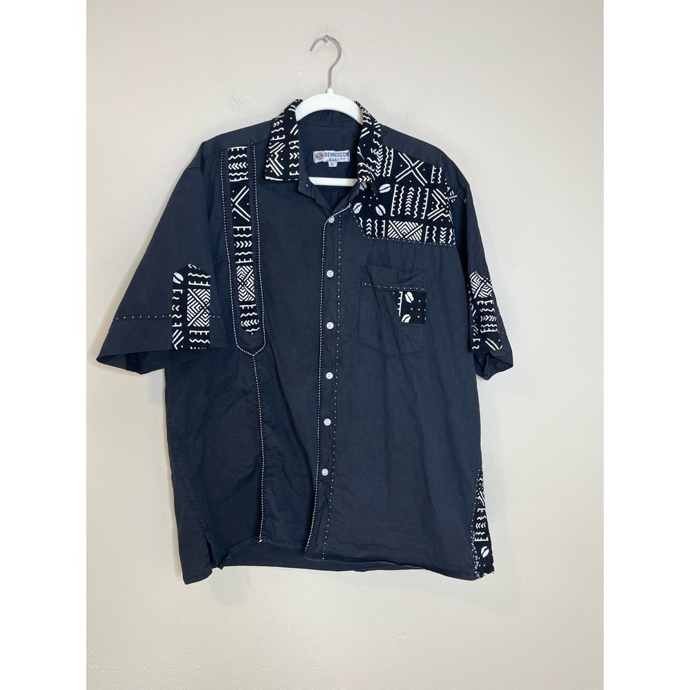 Benniscom Button Up Men's Shirt 46 African Tribal Coffee Bean Funky Retro Wester